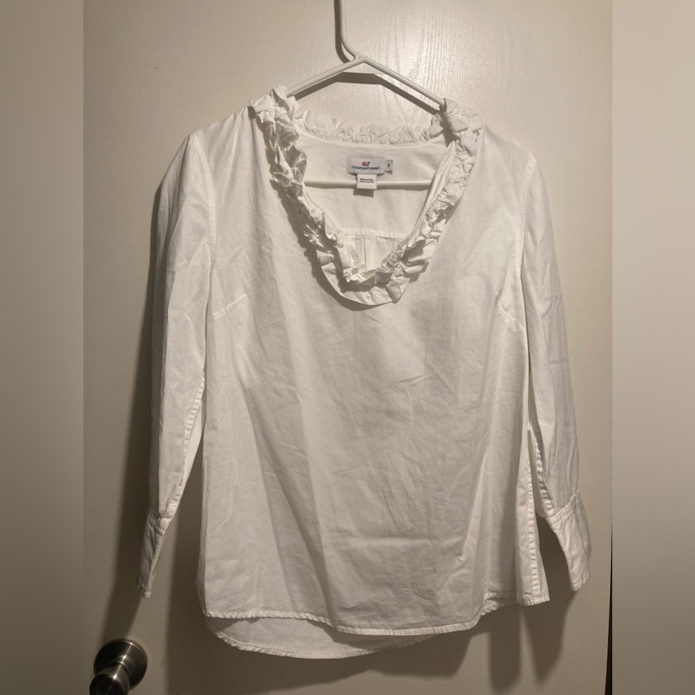 Vineyard Vines White Ruffle-Neck Long Sleeve Blouse